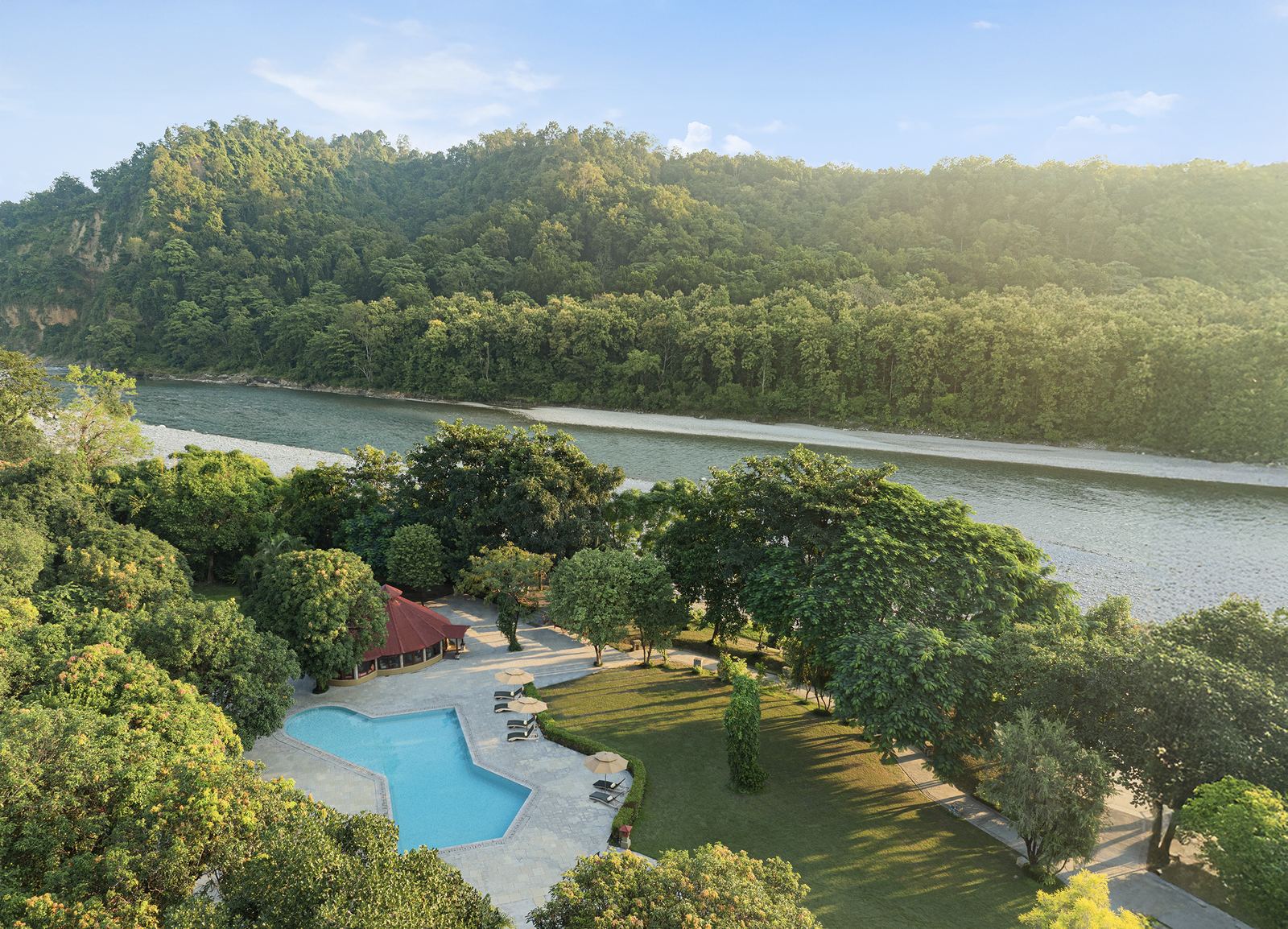 The Riverview Retreat aerial view along the Kosi River